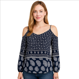 Paisley blue and white blouse, off the shoulder, xs, dynamite